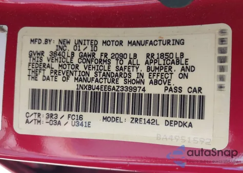 2010 Toyota Corolla Le из США, поврежденный, VIN 1NXBU4EE6AZ339974